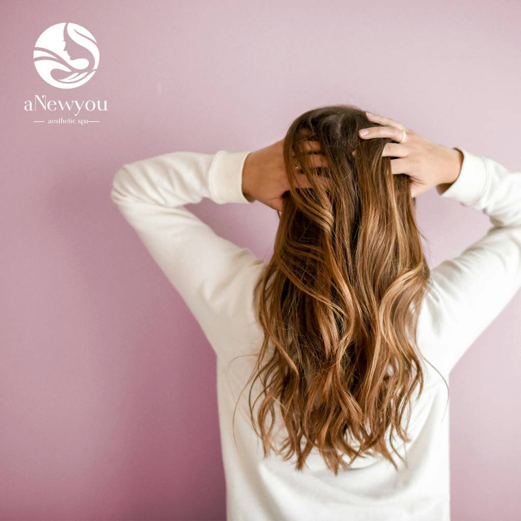 Pink Background Woman Hair Back White Logo Medical Aesthetic Spa Metamora